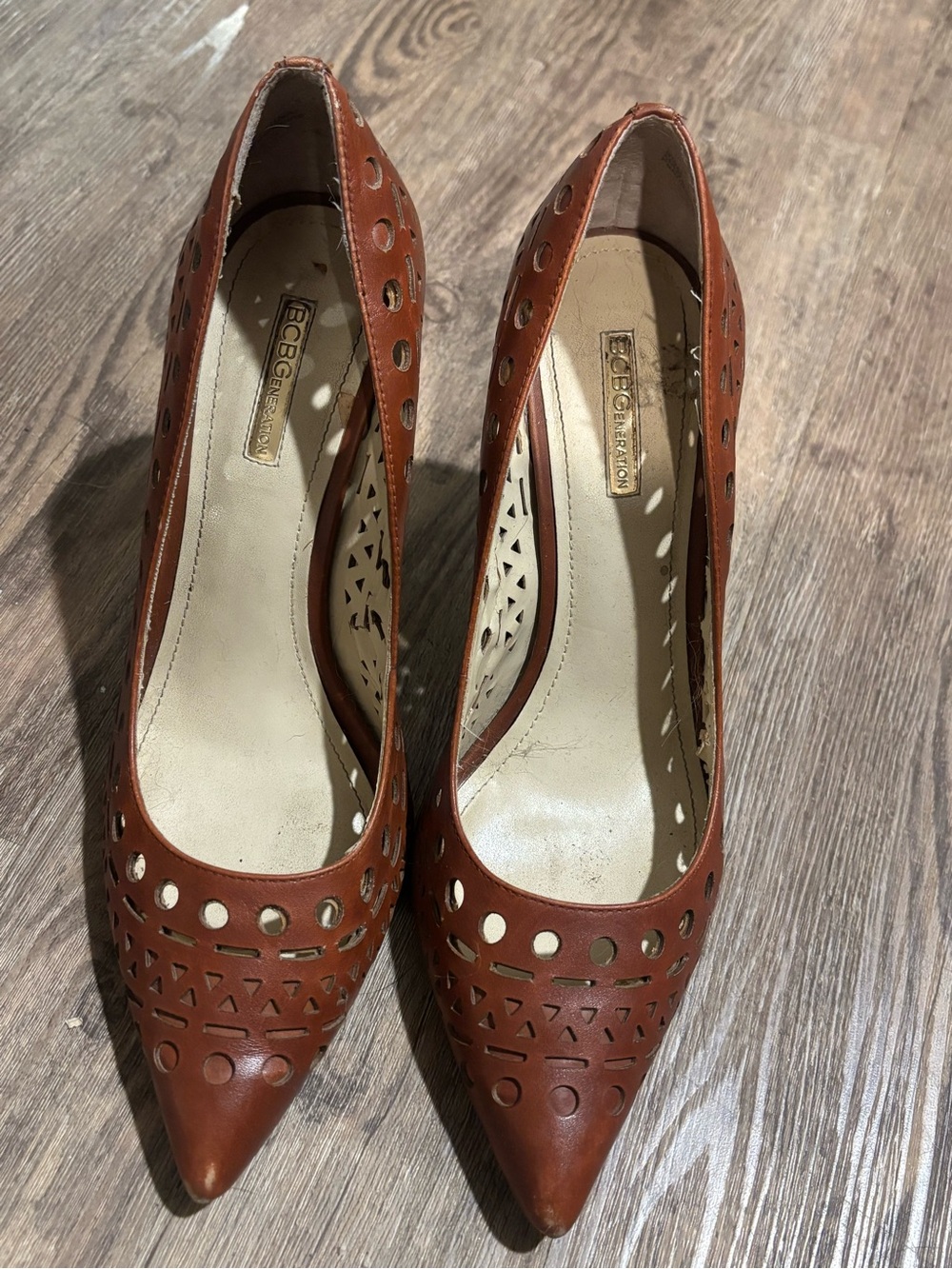 BCBGeneration Brown Laser-Cut Pointed Toe Pumps